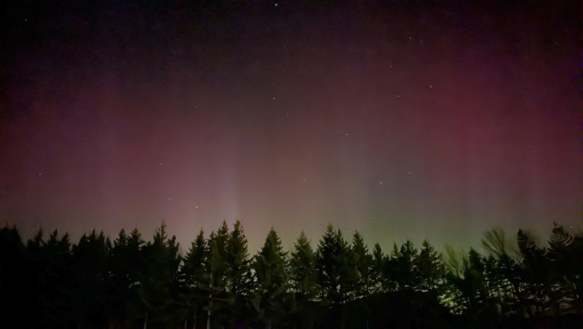 Aurora Borealis viewed from the Multnomah Falls parking lot in the median of I-84 25 miles east of Portland.
handheld cell phone photo in night mode
photo by Ian Kluft
January 20, 2026
Multnomah Falls, Oregon, USA