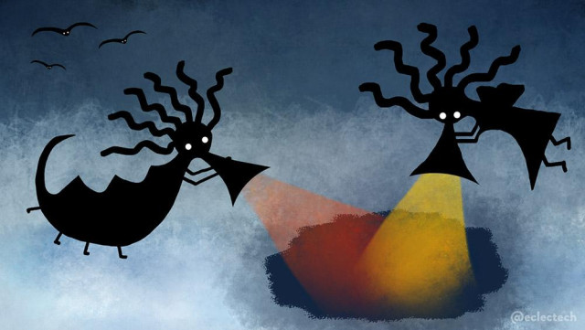 Digital drawing of two silhouette creatures against a blue and white mottled backdrop (light at the bottom, dark at the top). The creature on the right is vaguely humanoid with wings. The one on the left has 4 legs and a longer almost dinosaur-like body. They both have round heads with bright white eyes and long thick strands of wavy hair sticking out, and both hold a horn to their heads. These are blowing out red and orange beams of light & heat onto a dark patch on the ground. In the top left are three simple black birds flying, also with round white eyes.