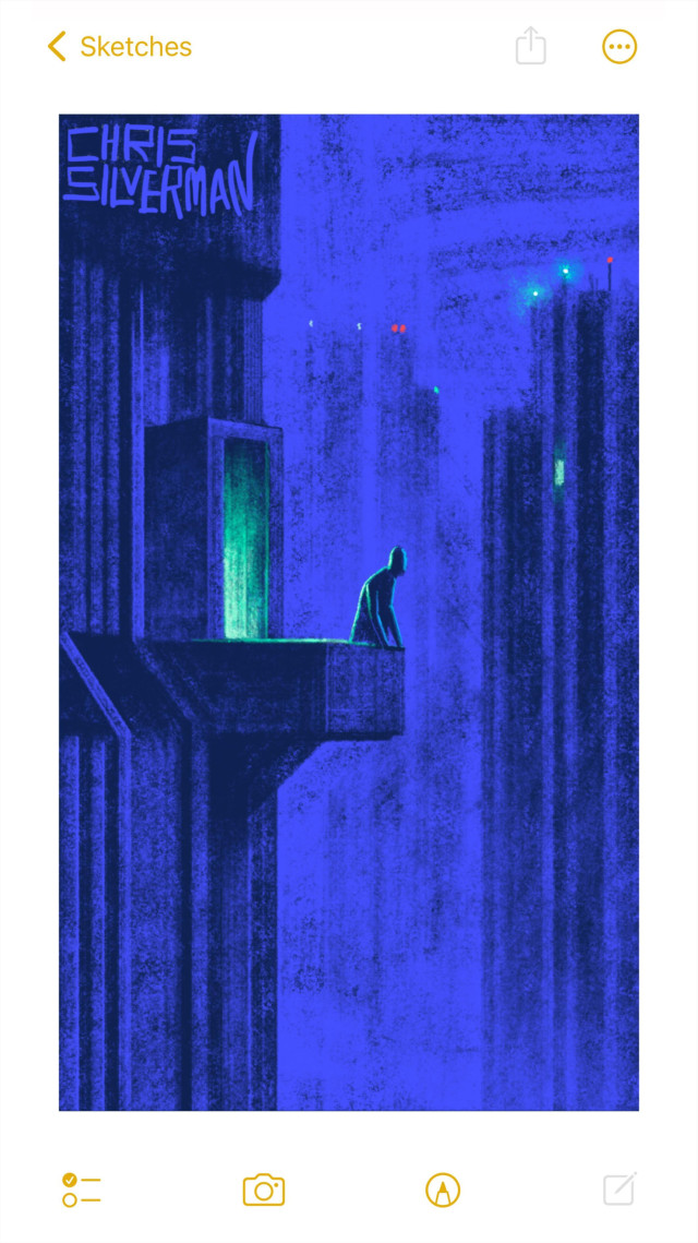 A deep blue city night. Someone stands on a balcony, looking out at a starless sky, illuminated only by an eerie green glow from the door behind them. The building design suggests some alien brutalist architecture: heavy vertical lines, heavy walls, concrete everywhere. In the background loom similar buildings, all of them dark and uninhabited except for one small greenish glowing window. The buildings have small red and pale green glowing lights on top. The painting is signed "Chris Silverman".