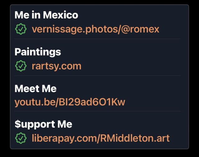 Me in Mexico [green checkmark seal] vernissage.photos/@romex Paintings [green checkmark seal]  rartsy.com Meet Me youtu.be/BI29ad601Kw Support Me [green checkmark seal]  liberapay.com/Middleton.art