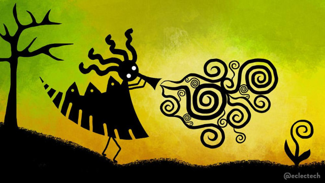 Digital drawing of a silhouette creature against a orange and yellowy-green mottled backdrop. 

It has a round head with white eyes and thick strands of wavy hair sticking out. The body is broadly triangular, with three smaller triangle shapes on the top, and wide slits along the bottom. It has two arms and legs and is tooting on a simple horn. From the horn is a mass of black spiral shapes.

On the black sloped ground there is a bare tree on the left, and a small plant with two leaves and a spiral on top on the right.