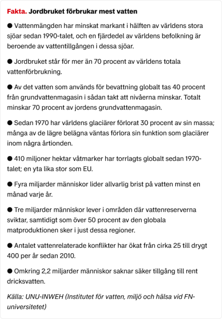 Faktaruta ur artikeln. 
Fakta: Jordbruket förbrukar mest vatten
● Vattenmängden har minskat markant i hälften av världens stora sjöar sedan 1990-talet, och en fjärdedel av världens befolkning är beroende av vattentillgången i dessa sjöar.
● Jordbruket står för mer än 70 procent av världens totala vattenförbrukning.
● Av det vatten som används för bevattning globalt tas 40 procent från grundvattenmagasin i sådan takt att nivåerna minskar. Totalt minskar 70 procent av jordens grundvattenmagasin.
● Sedan 1970 har världens glaciärer förlorat 30 procent av sin massa; många av de lägre belägna väntas förlora sin funktion som glaciärer inom några årtionden.
● 410 miljoner hektar våtmarker har torrlagts globalt sedan 1970-talet; en yta lika stor som EU.
● Fyra miljarder människor lider allvarlig brist på vatten minst en månad varje år.
● Tre miljarder människor lever i områden där vattenreserverna sviktar, samtidigt som över 50 procent av den globala matproduktionen sker i just dessa regioner.
● Antalet vattenrelaterade konflikter har ökat från cirka 25 till drygt 400 per år sedan 2010.
● Omkring 2,2 miljarder människor saknar säker tillgång till rent dricksvatten.

Källa: UNU-INWEH (Institutet för vatten, miljö och hälsa vid FN-universitetet)