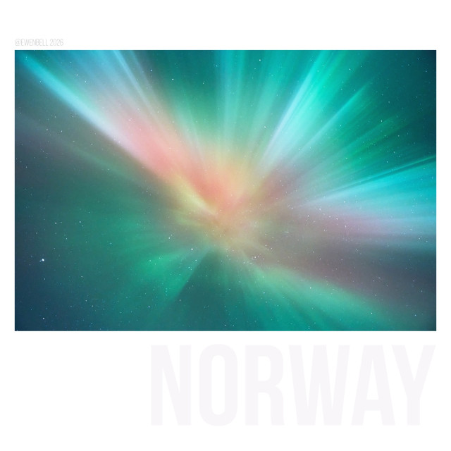 Corona over our heads, bursting into every corner of the frame. Red and green interact to make other colours. Earlier in the night there's enough twilight or moon just over the horizon to turn those reds a little bit purple.