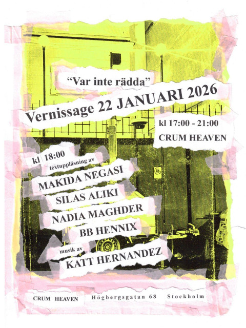 Nu på Torsdag!B.B. Hennix har erbjudat mig att spela, tillsammans med andra förelasningar, på sin vernisage. "Var inte rädd", handlar om växande våld från polis, vaxt och övervaktning stat. Det börjar kl. 17:00, med förelasningar/spelning omkring 19:00. 
/
This Thursday! B.B. Hennix has invited me to join with others in performing at his gallery opening. "Var inte rädd" (Don't be afraid), about the growing violence of the police, security and surveillance state opens at 17:00, and readings and performances will start around 19:00.

#noise
#suveillancestate
#art
#outsidermusic