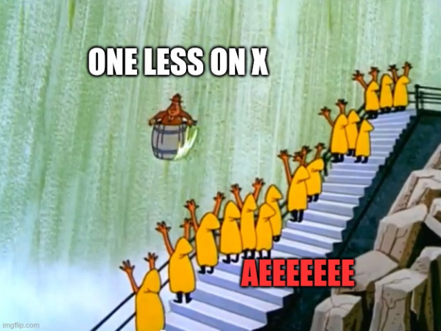 Niagara fall meme saying "one less on X", and several people celebrating "aeeeee".
