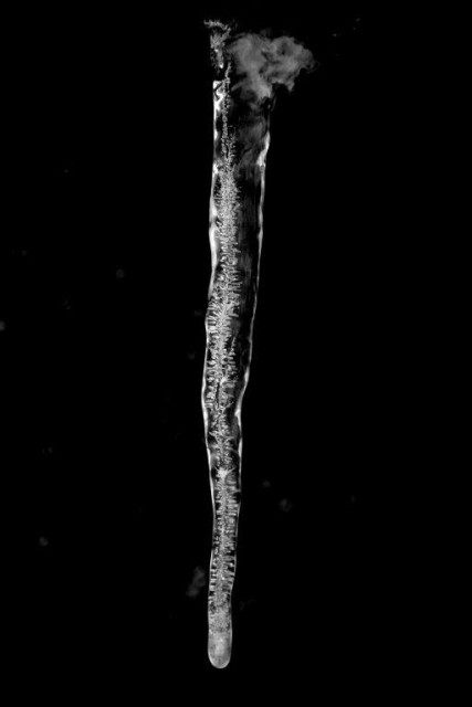 A close-up of a thin and long icicle with a frosty pattern in black and white.