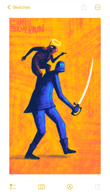 A tall, blue figure wearing something that looks vaguely like a uniform stumbles forward awkwardly, brandishing a long sword. The figure wears boots and has the head of a robot, with a flat mouth and staring blue eyes. Perched on its back, one finger pointed forward, is a short, red, demonic-looking creature with a conspicuously fake white halo fixed to its head. The background is a bright yellowish-red. The painting is signed "Chris Silverman".