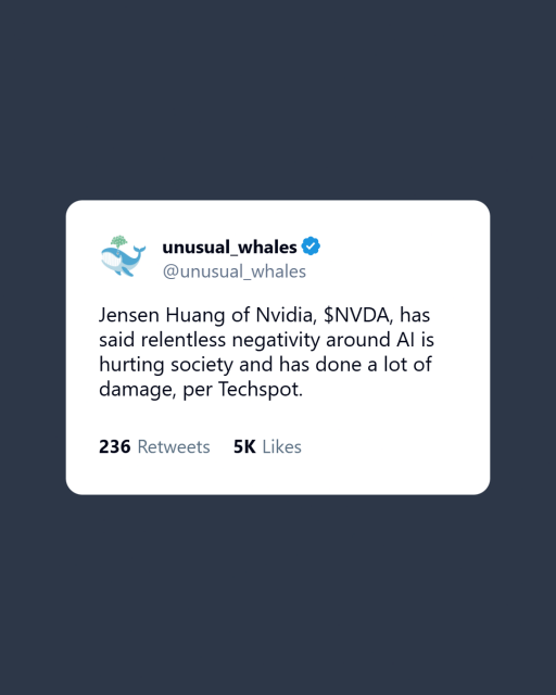 Jensen Huang of Nvidia, $NVDA, has said relentless negativity around AI is hurting society and has done a lot of damage, per Techspot.