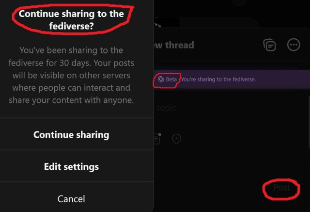 2 screenshots from Meta - Threads User Interface. A pop up notification asking "Continue sharing to the fediverse?" and a beta notification on the post tab. They are highlighted in red.