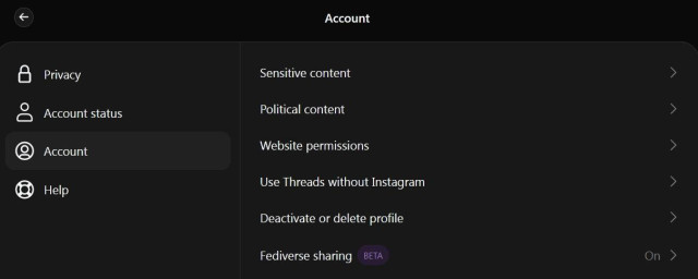 Screenshot of the Threads account settings. The "Fediverse sharing BETA" is enabled.