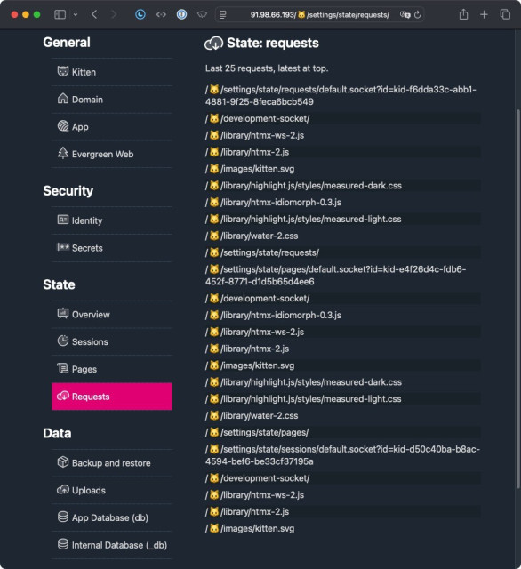 Screenshot of Kitten’s web-based Settings showing the last 25 requests: they’re all valid requests for routes that are part of the application being served.