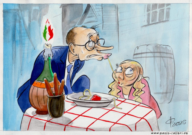 Karikatur "Antrittsbesuch in Italien" aus dem Jahr 2025. Friedrich Merz und Giorgia Meloni sitzen an einem Restauranttisch in einem Hinterhof und teilen sich einen Teller Pasta. Im Moment lutschen sie gemeinsam an einer Spaghettinudel blicken dabei verstohlen zur Seite. Auf dem Tisch steht eine Weinflasche mit angebrachter Kerze. Die Flamme der Kerze brennt in den Farben der italienischen Flagge.