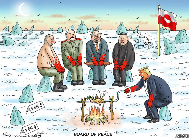Cartoon showing Trump roasting the dove of peace over a camp fire in an icy landscape in Greenland. Around the fire sit Putin, Orban, Lukashenko and Kim Jong UN, all with bloody hands (and Orban is holding an Hungarian sausage). Two seats (in the form of lumps of ice) are still available around the camp fire, and can be purchased for $1 billion. The caption reads: 'Board of Peace'