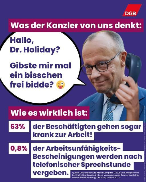 Sharepic vom DGB Niedersachsen: Das Bild zeigt BUndeskanzler Friedrich Merz mit einem Telefonhörer. Text: Was der Kanzler von uns denkt: Hallo Dr. Holiday? Gibste mir mal ein bisschen frei bidde? Wie es wirklich ist: 63 Prozent der Beschäftigten gehen sogar krank zur Arbeit! 0,8 Prozent der Arbeitsunfähigkeitsbescheinigungen werden nach telefonischer Sprechstunde vergeben.
