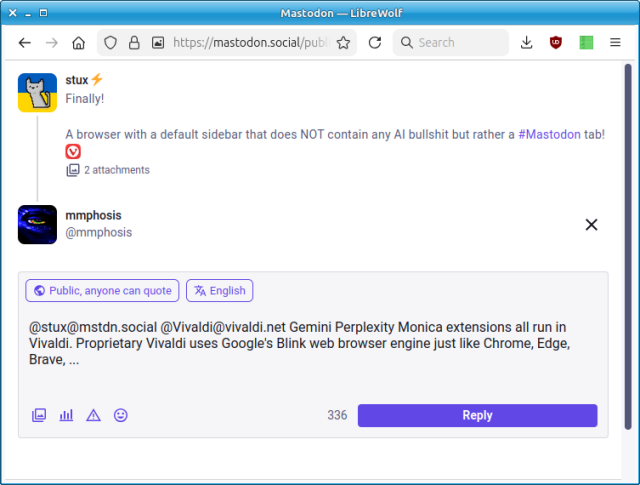 A screenshot of LibreWolf a Firefox based browser with no AI and no sidebars. Finally!