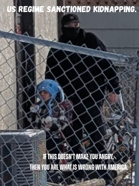Large masked man, working for ICE, kidnaps a 5-year-old walking home from pre-school. A US regime sanctioned kidnapping. If this doesn't make you angry, then you are what is wrong with America.