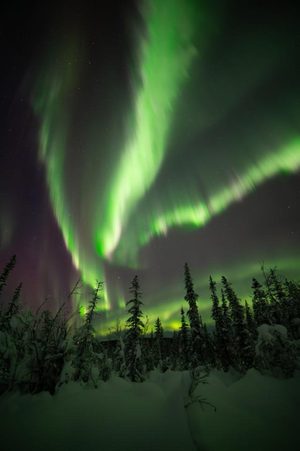 Green auroral bands separate into thinner strands and begin to shimmer, creating a rippling effect across the sky. The motion blur emphasizes rapid changes in shape and intensity.