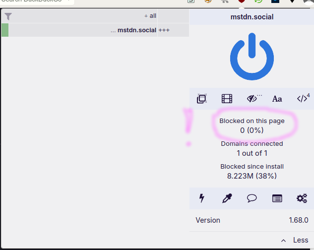 Screenshot of ublock-origin browser extension quick panel showing 0 domains blocked in a tab with mstdn.social opened.