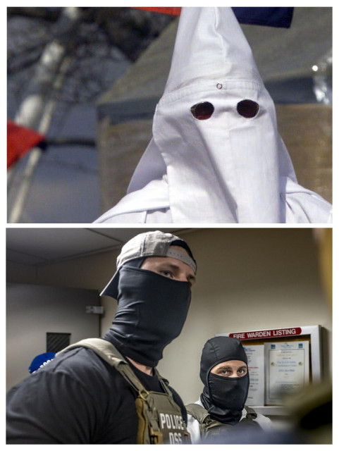 A collage showing a KKK masked man, next to ICE agents in masks.