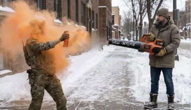 AI generated picture of a very relaxed person with a leaf blower apparently blowing some red pepper spray back at another person in camouflage gear. There’s of course no wind, they are no other people around. Neither is wearing a gas mask or other protective gear. 