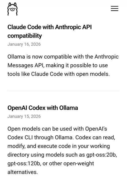 From Ollama's blog:

 - Claude Code with Anthropic API compatibility
January 16, 2026
Ollama is now compatible with the Anthropic Messages API, making it possible to use tools like Claude Code with open models.

 - OpenAI Codex with Ollama
January 15, 2026
Open models can be used with OpenAI's Codex CLI through Ollama. Codex can read, modify, and execute code in your working directory using models such as gpt-oss:20b, gpt-oss:120b, or other open-weight alternatives.
