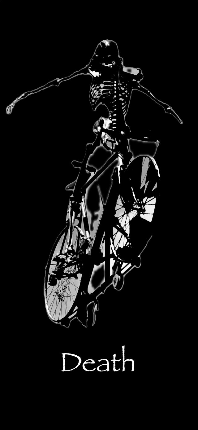 A skeletal figure riding a bicycle against a black background. The word "Death" is written below the image in a stylized font.