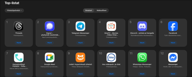 Suomikaupan App Store incognitolla, 1. Threads, 2. Signal, 3. Telegram