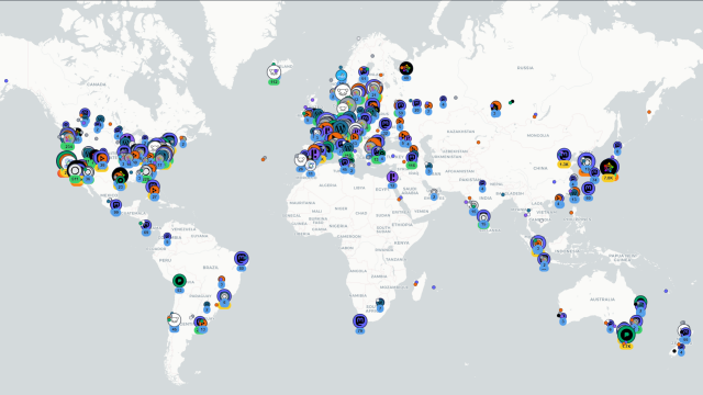 A screenshot of a world map with icons of various fediverse platforms overlaying it in places where each fediverse server is located. Highest concentration is in Europe, along the coasts of North America, and the east coast of Australia and Asia. There are also a few in South America, and a small number around the south of Africa and the Middle East.