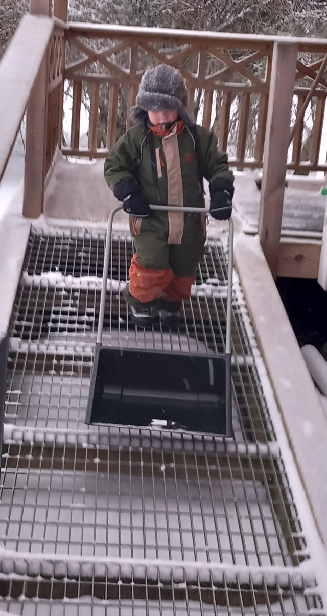 Ett litet barn i overall och stor mössa skottar en ramp med en snösläde