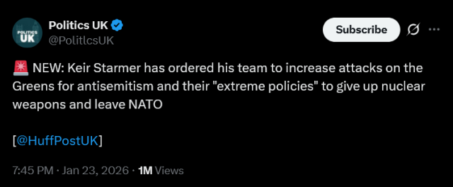 🚨 NEW: Keir Starmer has ordered his team to increase attacks on the Greens for antisemitism and their "extreme policies" to give up nuclear weapons and leave NATO