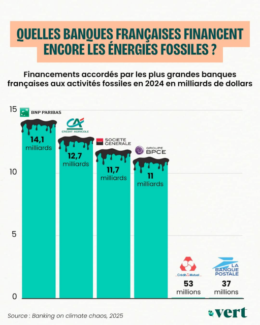 OUELLES BANOUES FRANGAISES FINANGENT
ENCORE LES ENERGIES FOSSILES ?
Financements accordés par les plus grandes banques
frangaises aux activités fossiles en 2024 en milliards de dollars
Si les championnes du financement des énergies fossiles sont les banques américaines (JPMorgan Chase, Bank of America et CitiGroup en tête), les principaux établissements français ne sont pas en reste. En 2024, BNP Paribas a ainsi financé le secteur pour 14,1 milliards de dollars (12 milliards d’euros), suivie du Crédit Agricole (12,7 milliards de dollars, soit 10,9 milliards d’euros), de la Société Générale (11,7 milliards de dollars – 10 milliards d’euros) et du groupe BPCE, Banque Populaire-Caisse d’Épargne (11 milliards de dollars – 9,4 milliards d’euros). En bas du classement se trouvent le Crédit Mutuel (53 millions de dollars – 45,4 millions d’euros) et La Banque Postale (37 millions de dollars – 31,7 millions d’euros)
Source : Banking on climate chaos, 2025 2 vert
