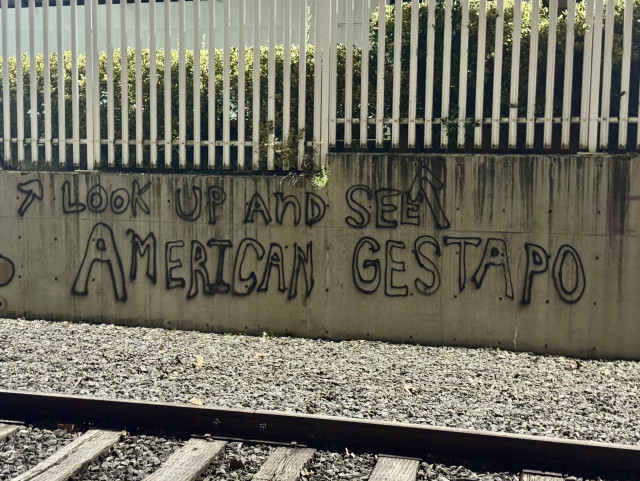 Tag on wall on side of ice building says “look up and see American Gestapo” 