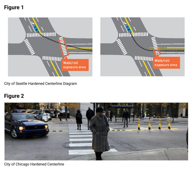 Artwork and photo demonstrate a hardened road centerlline, a physical barrier on centerlines near intersections.