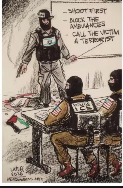 political drawing of a classroom where an IDF soldier teach ICE how they kill Palestinians. The teaching:
- shoot first
- block the ambulance
- call the victim a terrorist