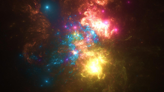 A flame fractal render. This one looks like a deep space nebula photo with the colors turned to eleven. It has elements with bright blue, yellow and orange and a few bright purple spots.