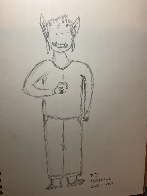 Pencil sketch by katglyph of a laid-back goblin wearing a long sleeve tee-shirt, soft trousers, and flip-flops. They are holding a cup of some hot beverage and smiling, eyes direct. The goblin has big pointed ears, a fangy underbite, and a ridge of stubby spikes on their head.