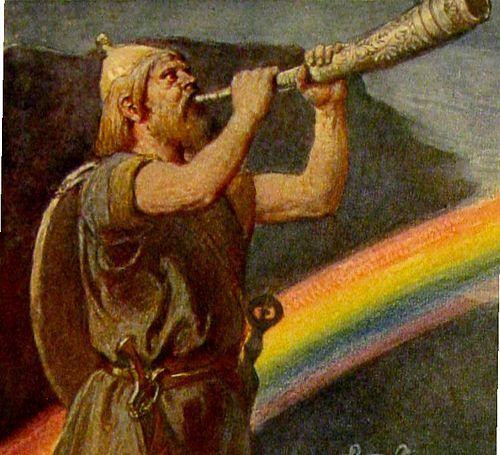 The god Heimdall stands before the rainbow bridge to #Asgard, #Bifröst, while blowing his horn #Gjallar. – #EmilDoepler (1855–1922),1st published in 1905.

Source:
https://de.wikipedia.org/wiki/Bifr%C3%B6st_(