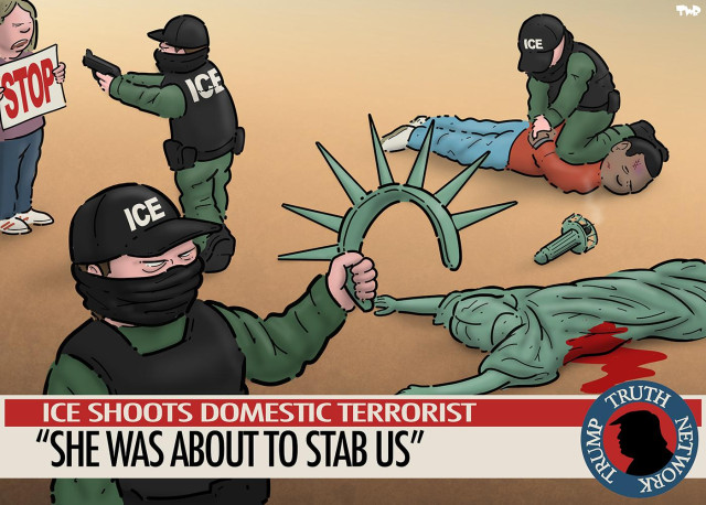 Cartoon showing ICE agents on a television news broadcast. One agent is pointing a gun at a protester who is holding up a sign with the word 'STOP'. Another agent is pressing a knee to the neck of a black man lying on the ground. In the foreground, Lady Liberty has been shot and is lying dead on the ground. An ICE agent stands next to her and is holding up her crown with the seven spikes. The news ticker reads 'ICE shoots domestic terrorist - "She was about to stab us"'