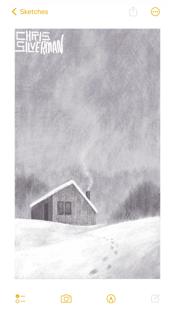 A snowy landscape; a colorless world of different grays. Footprints in the snow lead towards a small cabin in the immediate distance. The roof of the cabin is covered with thick snow. Smoke is coming out of the cabin's chimney. The cabin is surrounded by woods. A very dim, foggy treeline is visible behind the cabin. The painting is signed "Chris Silverman".