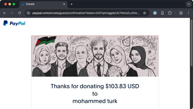 Screenshot of PayPal donation page: Thanks for donating #103.83 USD to mohammed turk