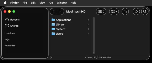 Screenshot of MacOS Finder with rectangular corners of the screen and tons of corners of different radii plus overlapping Window Elements that make no sense at all. The best is the top left corner, where we have a negatively rounded hole because the bottom of the rectangular menubar meets the top left corner of the rounded window.
I’d impossible to better describe this abomination.
