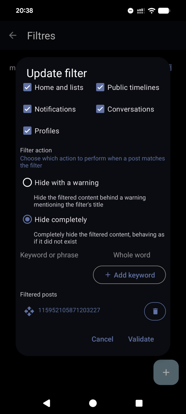 Fedilab filter settings screen showing a filtered post that can be managed and removed. The filter is set to "Hide completely" and applies across all timeline contexts. Tapping on the post ID opens it for review.