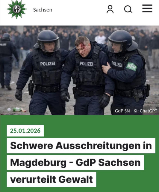 Fake image of three police officers, two holding one who is bleeding heavily from his forehead.

The image is created by the union of police officers (GdP) using ChatGPT, and shared on their official GdP website for press releases.