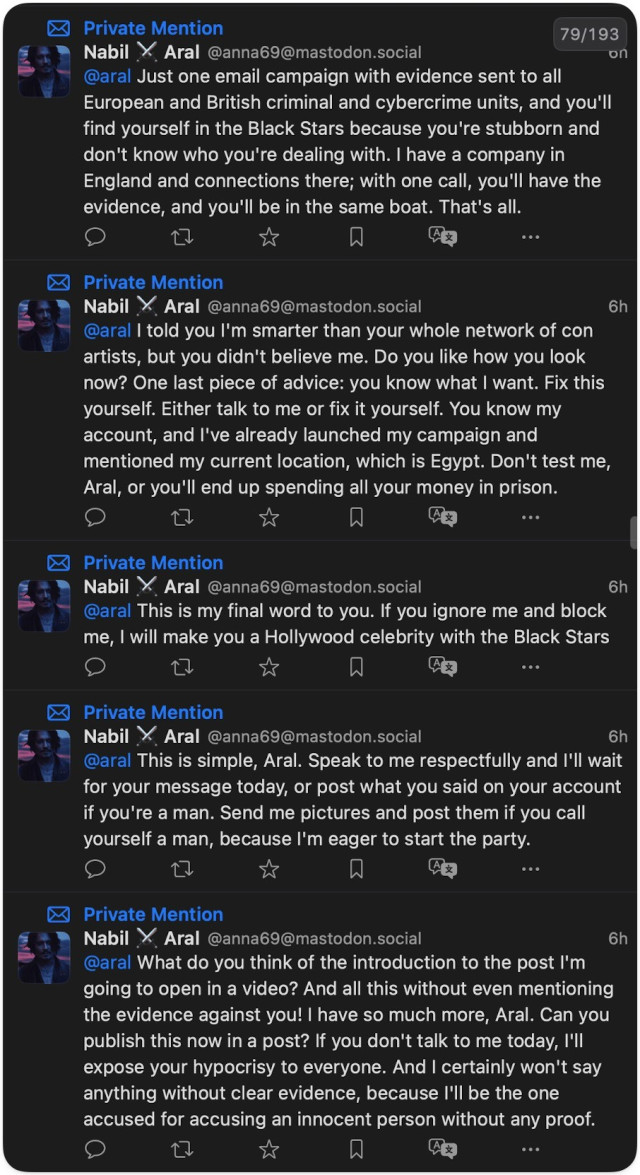 Screenshot of Nabil’s harassing messages from his new account to me. Alt text in follow-up posts as it’s too long.