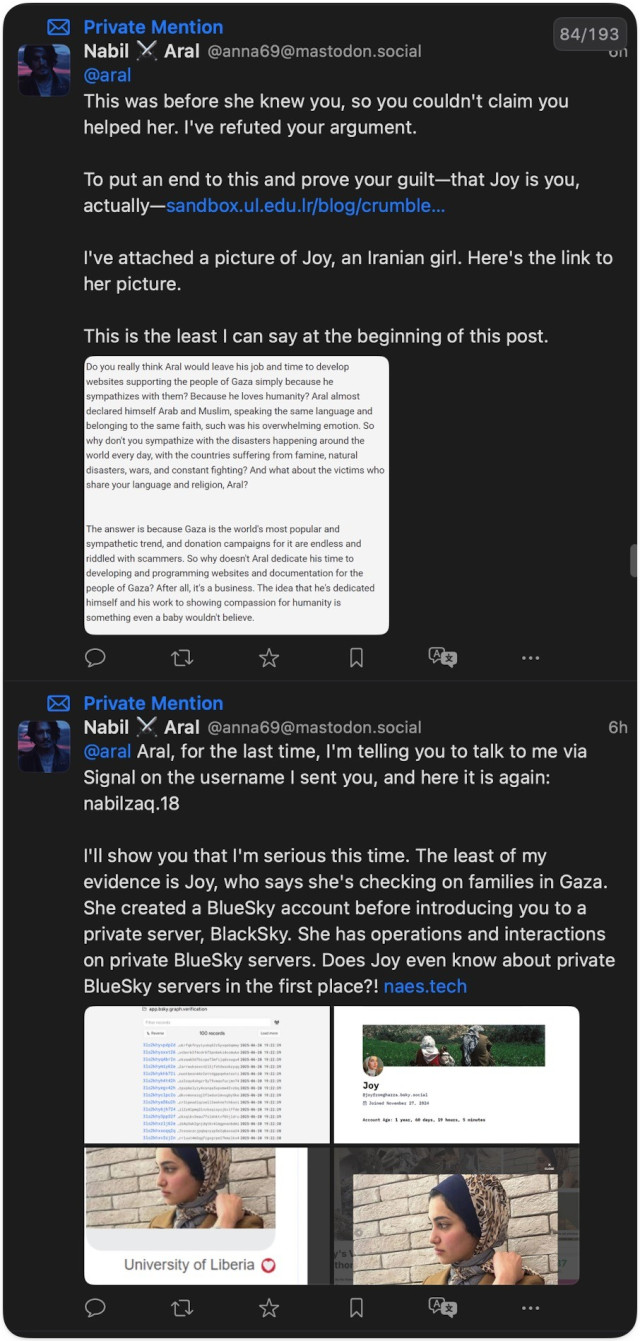 Screenshot of harassing messages from Nabil’s new account to me. Alt text in replies as it’s too long.