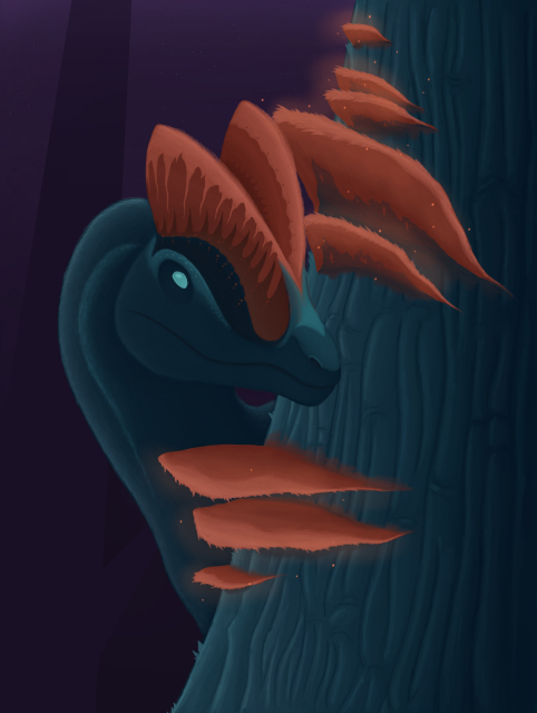 A Dilophosaurus hiding behind a tree with mushrooms growing on its trunk.