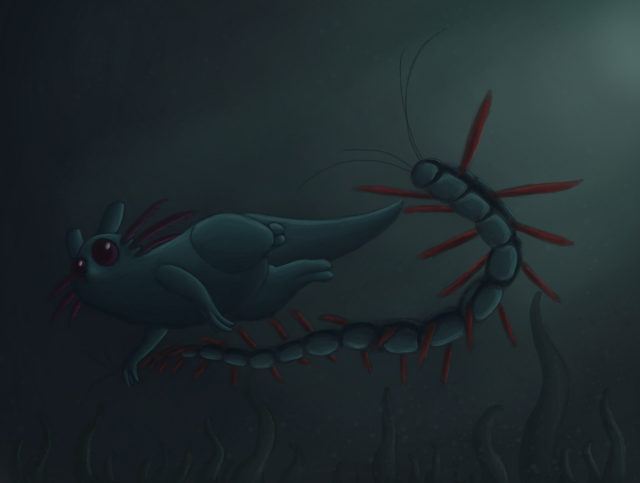 A rodent swimming away from a giant, aquatic centipede