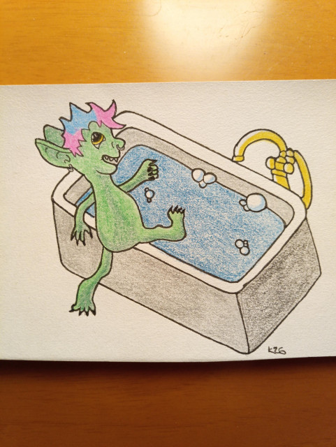 Cartoon drawing of a goblin figure with a cheeky grin is energetically getting into a bath filled with water.