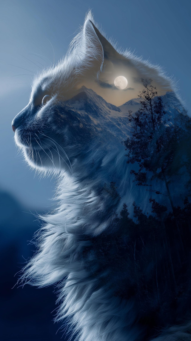 A serene, dreamlike portrait blends two scenes into one. In the foreground, a cat is shown in profile, facing left, its fur rendered in soft shades of blue and silver. The cat’s eyes are closed, and its expression is calm and contemplative, with fine whiskers and textured fur catching gentle light.

Within the silhouette of the cat’s head and neck, a nighttime landscape is layered seamlessly: dark mountain peaks rise beneath a glowing full moon, and the outlines of trees stand against the sky. The moon appears nestled inside the cat’s ear area, as if illuminating the animal from within. Cool blue tones dominate the entire composition, creating a quiet, reflective mood.

The overall effect feels peaceful and symbolic, merging the cat’s inner world with nature and night—suggesting stillness, intuition, and a sense of quiet connection between the animal and the surrounding universe.