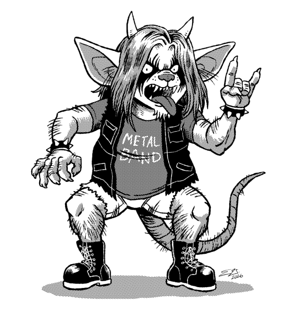 A hairy metalhead goblin dude with corpse paint, spiked wristbands, a battle vest, the whole bit